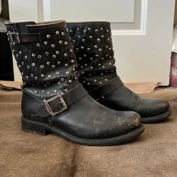 FRYE Distressed Jenna Disc Midi Combat Biker Moto Leather Boots